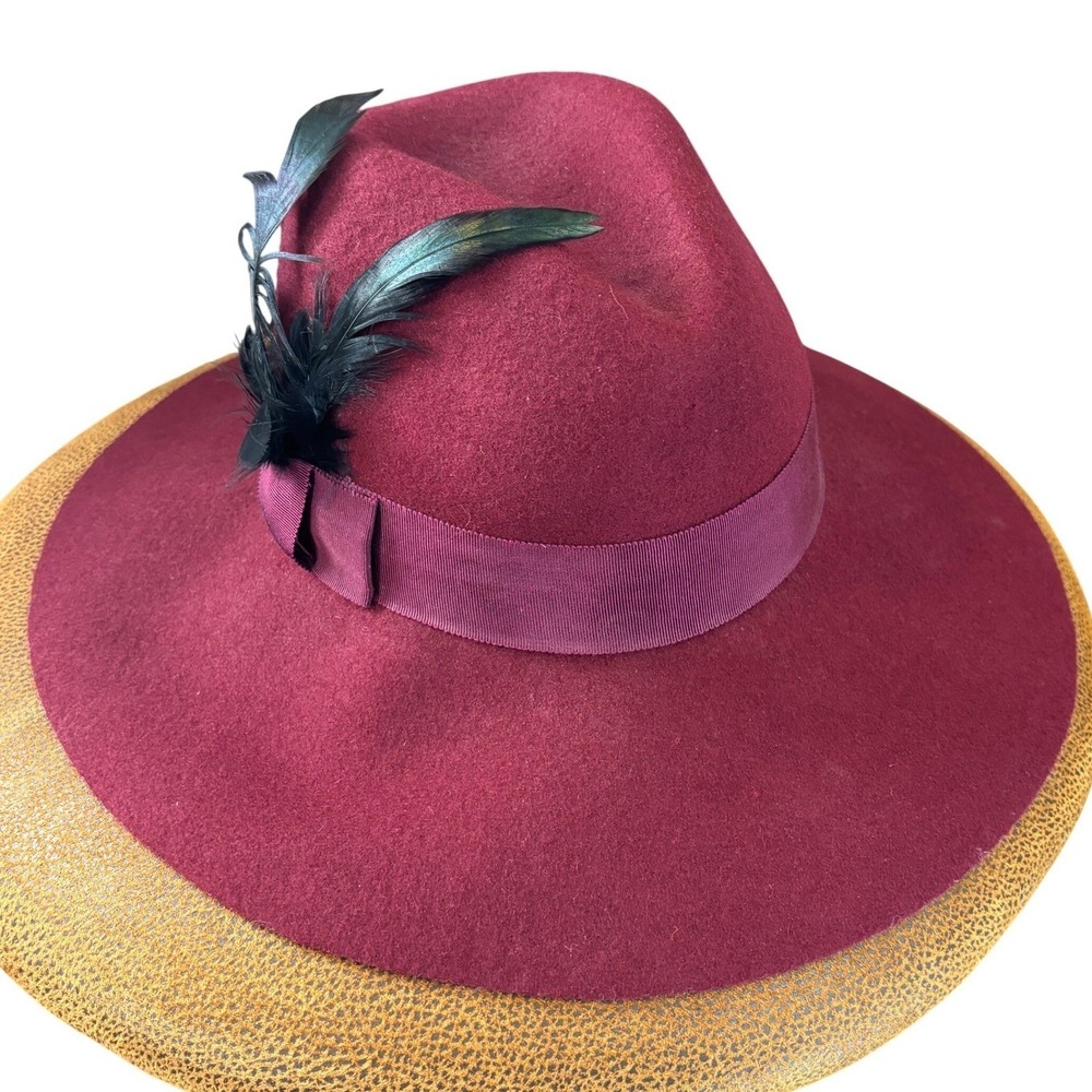 Burgundy Felt Wide Brim Fedora Hat Feather Ribbon Detail Women Indie Casual Boho